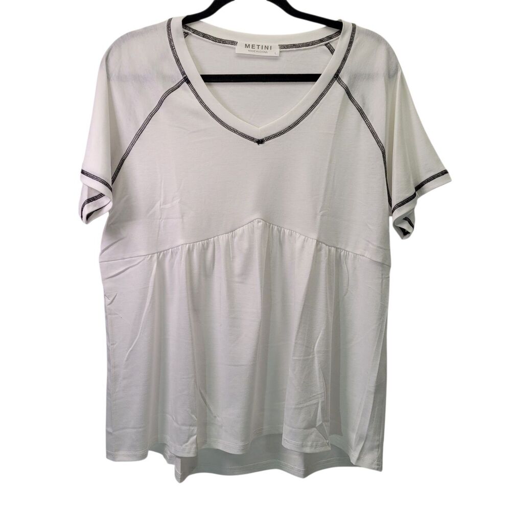 Women White Short Sleeve Pleated Dressy Casual V-Neck Blouse Large